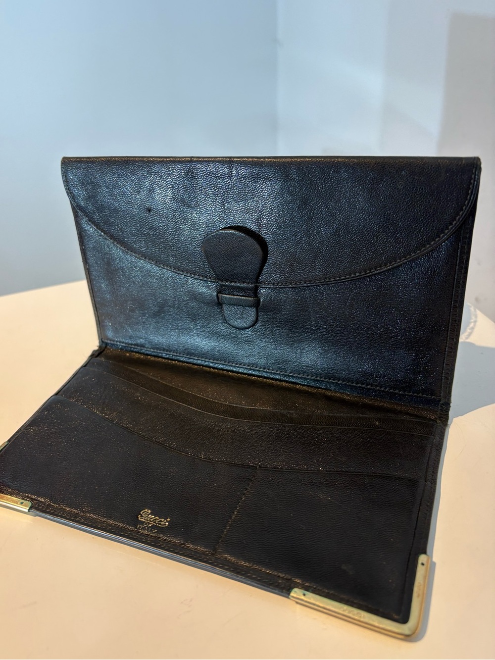 Vintage Gucci Black Leather Long Bifold Wallet Rolled Gold Corners